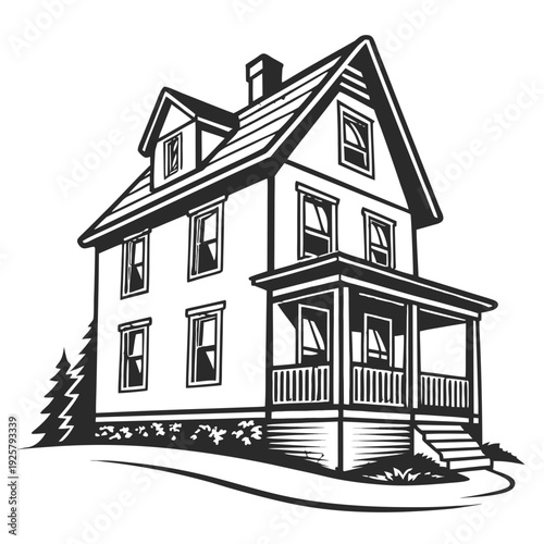 Charming two-story house with large porch and chimney