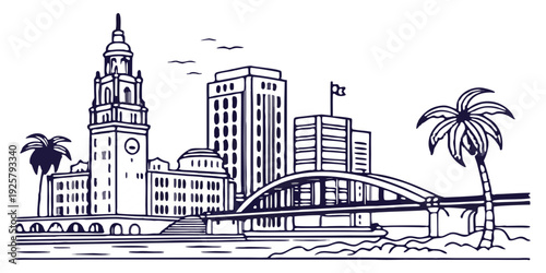 Stunning cityscape with bridge and palm trees by water