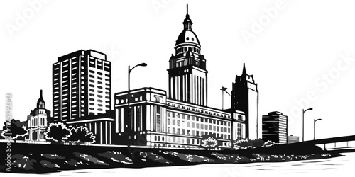Monochromatic cityscape with historic and modern buildings along river