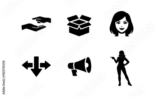Collection of six black icons representing business and communication concepts