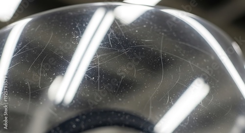 A clear scratched protective visor reflects bright light. Focus on protection, workplace safety and Personal Protective Equipment PPE