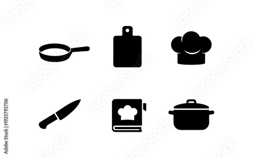 Collection of cooking icons including a chef hat, knife, pan, and cookbook