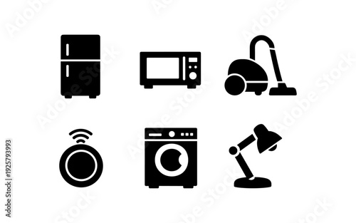 Collection of modern home appliance icons including refrigerator, microwave, vacuum, and smart device
