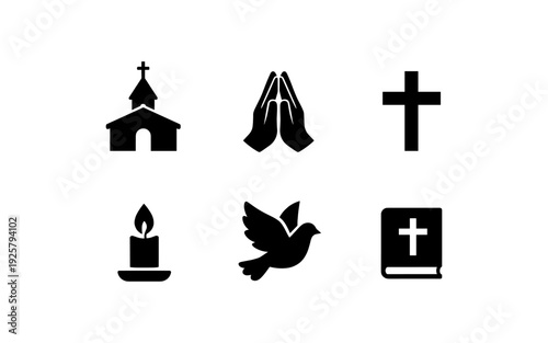 Collection of Christian religious symbols and icons on a white background