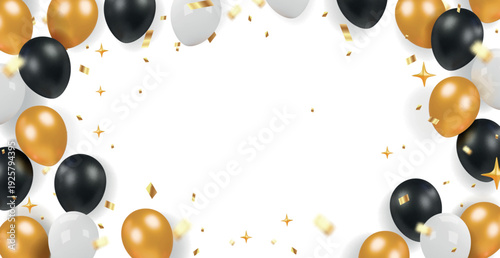 Beautiful black white and gold 3d balloons with confetti for invitation cards, celebration banner. Falling gold confetti Gift frame with balloon design