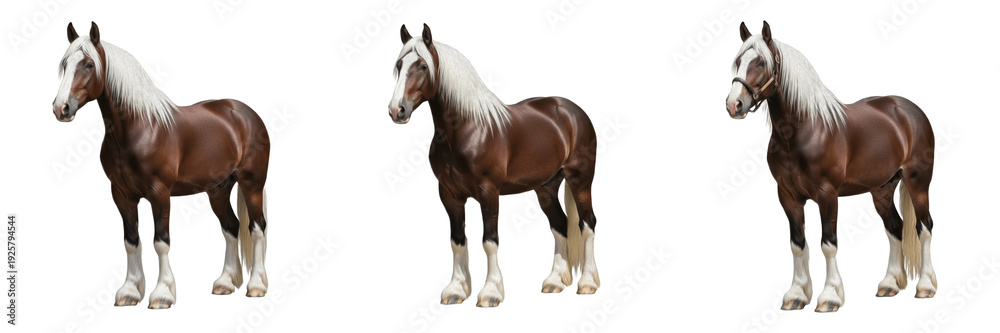 Obraz premium Shire Horse Equus ferus caballus isolated on white background, English draft horse breed, largest horse breed from England, heavy draught farm horse, feathered leg equine, studio cutout