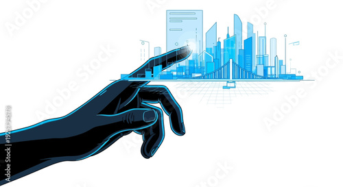 cyber cityscape with robotic hand