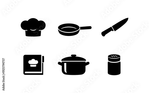 Collection of culinary icons including chef hat, frying pan, knife, cookbook, pot, and shaker