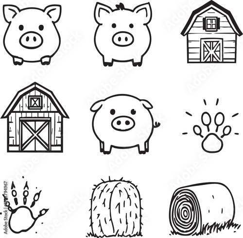 Farm cartoon vector illustration with pigs barns hay bales paw prints animal tracks playful design educational children agriculture countryside theme