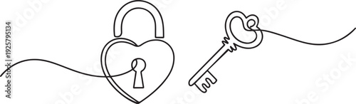 Continuous one line drawing of a heart shaped lock and key. one line art icon drawing vector