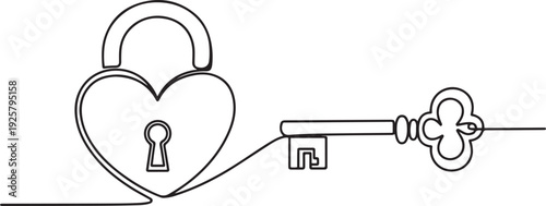 Continuous one line drawing of a heart shaped lock and key. one line art icon drawing vector