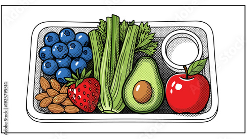 Healthy snack tray with fruits and vegetables in pop art style
