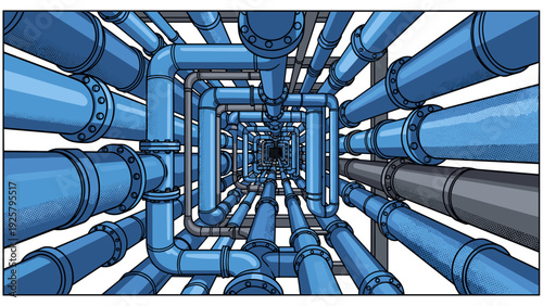 Intricate blue pipe network in endless tunnel perspective