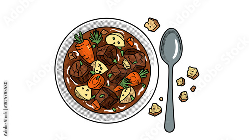 Delicious bowl of beef stew with vegetables and croutons