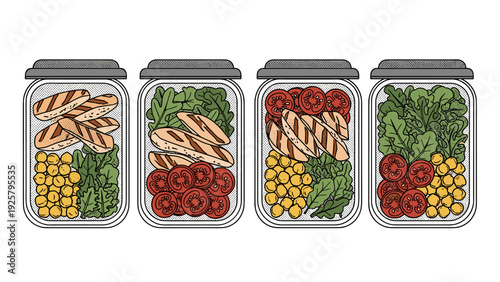 Jarred salad meal prep with chicken, chickpeas, and fresh vegetables in line art style