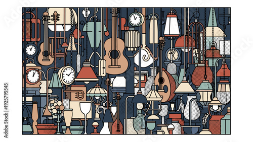Vintage musical and lighting instruments collage with clocks in a retro style design