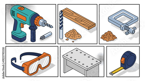 Isometric workshop tools: drill, clamp, safety gear, and more
