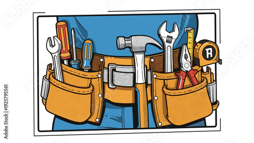 Comic style tool belt with hammer, wrench, and screwdriver for construction and repair
