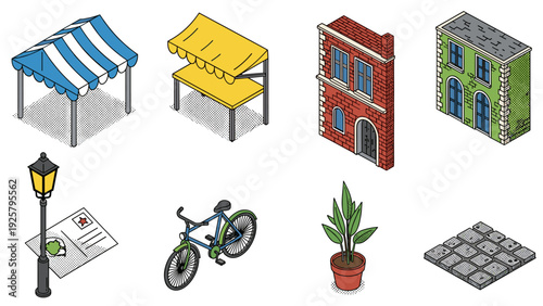 Isometric urban elements: market stalls, buildings, bicycle, and more in vector art