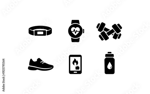 Fitness and health icons: heart rate watch, dumbbells, running shoe, phone, and water bottle