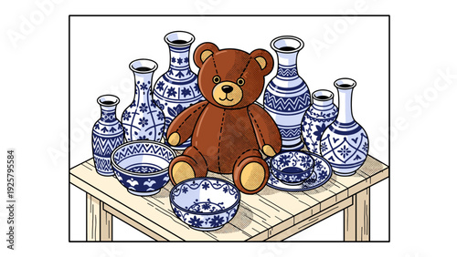 Vintage teddy bear and decorative ceramics on rustic wooden table