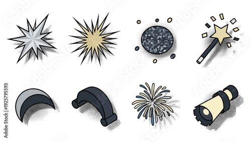Pop art style comic elements set with stars and magic wand