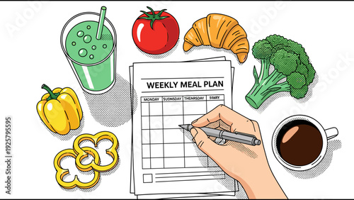 Hand planning weekly meal with fresh produce and drink in flat design