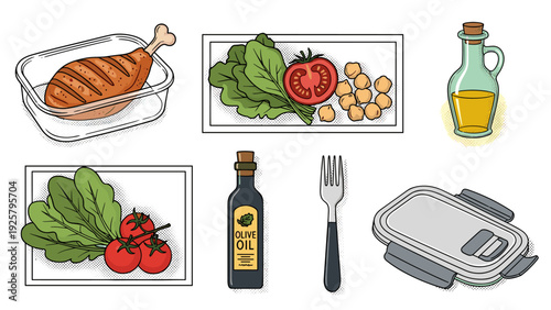 Healthy meal prep ingredients: grilled chicken, vegetables, chickpeas, olive oil