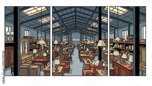 Spacious furniture showroom with diverse lighting and home decor in a modern industrial setting