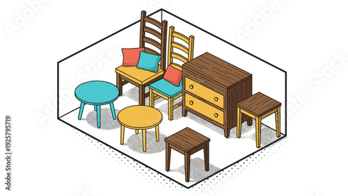 Isometric furniture set with chairs, tables, and cabinet in retro style