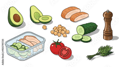Fresh ingredients for a healthy meal with avocado, salmon, and vegetables in engraved style