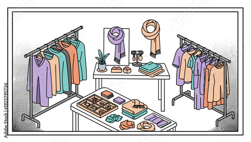 Cozy fashion boutique interior displaying clothes and accessories in pastel isometric style