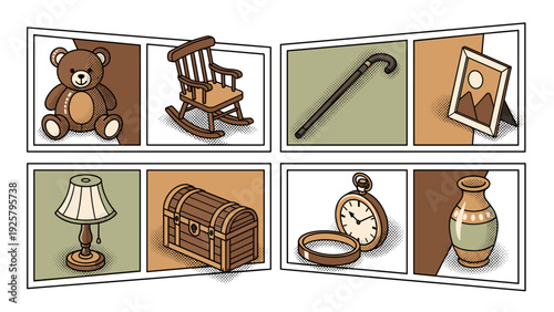 Vintage collection: nostalgic items in retro colored pop art style