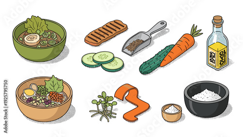 Delicious collection of japanese cuisine ingredients in detailed pop art style