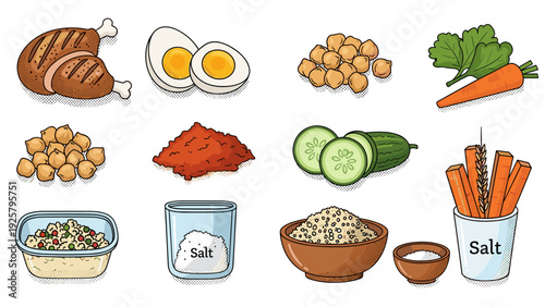 Healthy ingredients collection: vegetables, spices, and protein in comic style