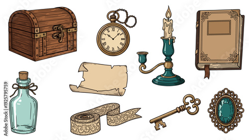 Antique objects collection with vintage chest, key, and watch