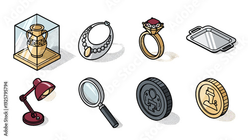 Isometric antique collection with jewelry, coins, and decorative items