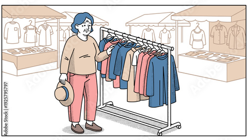 Person browsing clothes at outdoor market in retro comic style