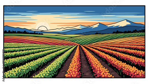 Colorful agricultural landscape at sunset with mountain view