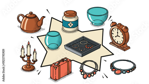 Vintage household items collection featuring jewelry, tea set, clock, and suitcase