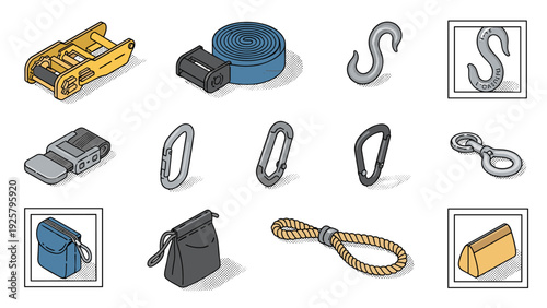 Variety of isometric cargo and climbing equipment in flat design