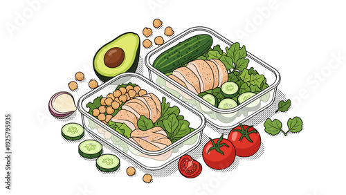 Fresh meal prep: healthy lunch with chicken, avocado, and chickpeas