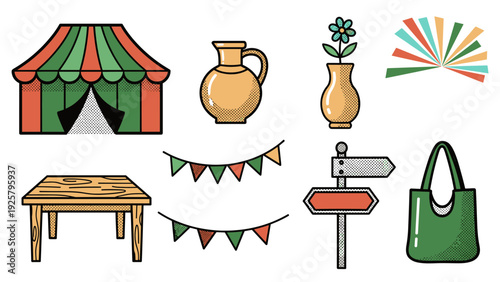 Vintage market elements: retro tents, rustic decor, and banners