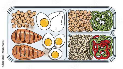 Healthy meal prep with chicken, quinoa, and vegetables in bento box style
