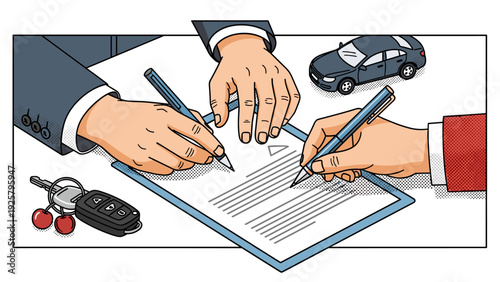 Car leasing agreement signing illustration with hands and keys in flat style