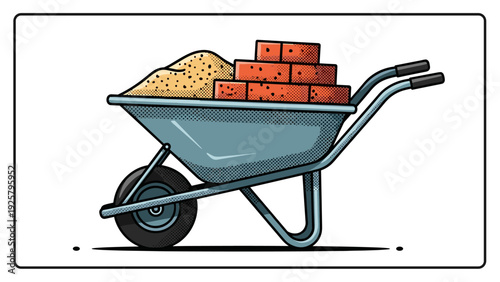 Wheelbarrow with bricks and sand in vintage pop art style
