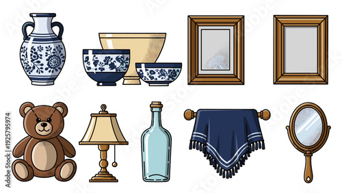 Vintage home decor set with frames, ceramics, and accessories in retro style
