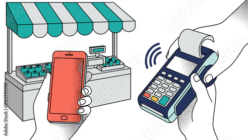 Digital payment concept: smartphone and card reader at market stall