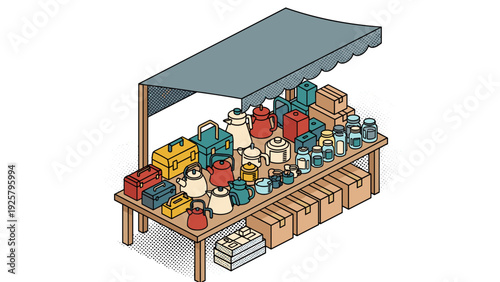 Vintage market stall with retro kitchenware and antique collectibles