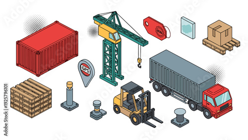 Logistics elements in isometric style featuring trucks, cranes, containers, and tools